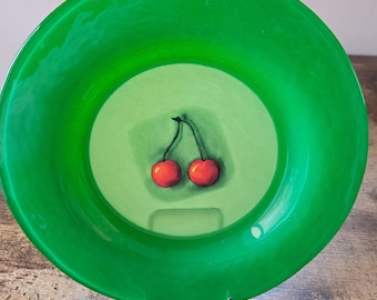 Assiette en verre peinte à la main verte Dibbern Kristina vintage, assiette à fruits allemande, cerises