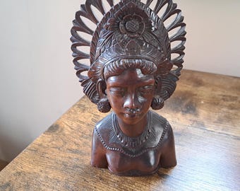 Vintage Bali mahogany wood carved bust, Figurine, ornament