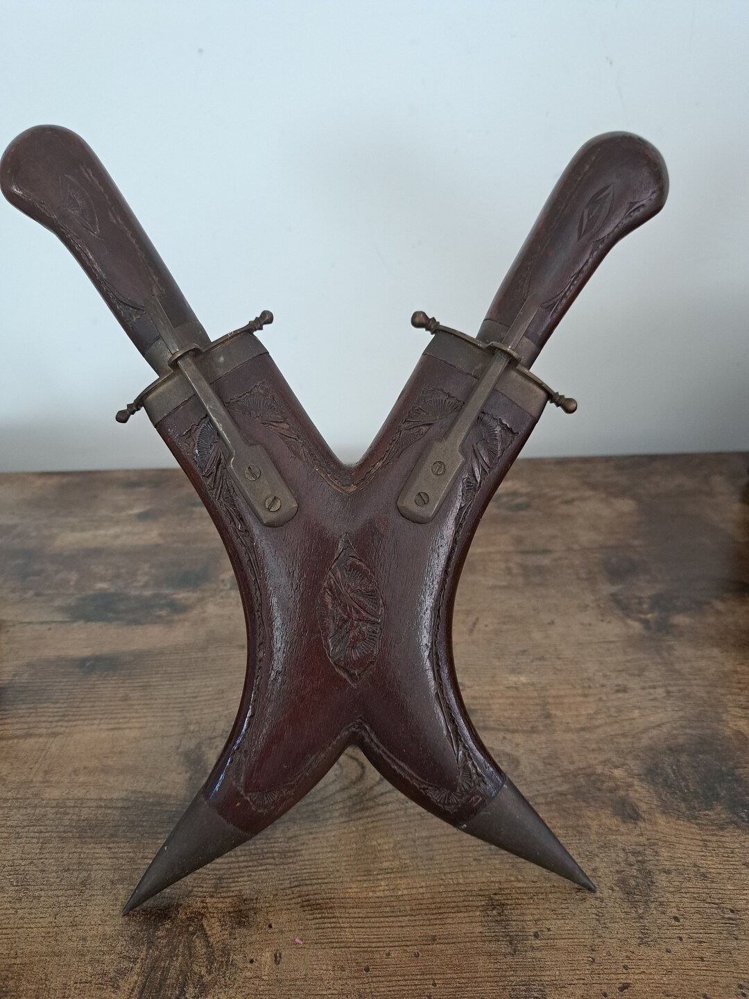 Vintage Indian Carving Set Brass and Carved Wood Stand Knife Etsy