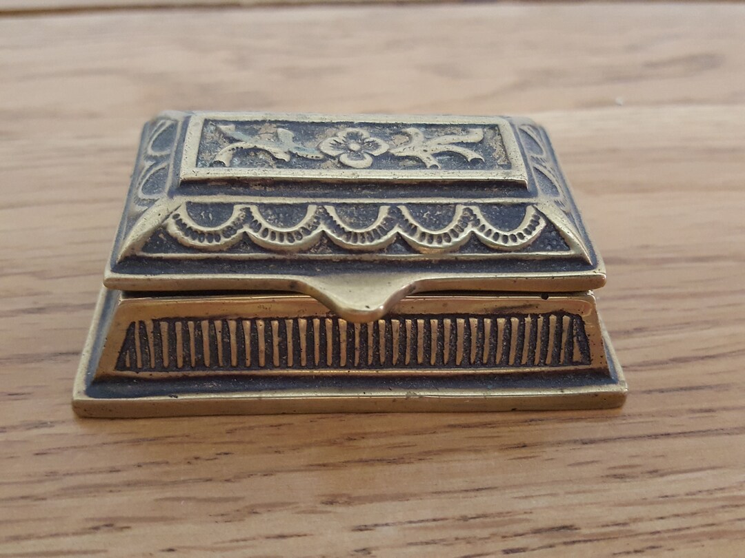 Antique Stamp Holder, Solid Brass Lidded Box for Stamps, Desk Decor