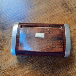 Vintage Snuff Box, Wooden Snuff Box, Lidded Tobacco Box, metal banded with cartouche silver inlay