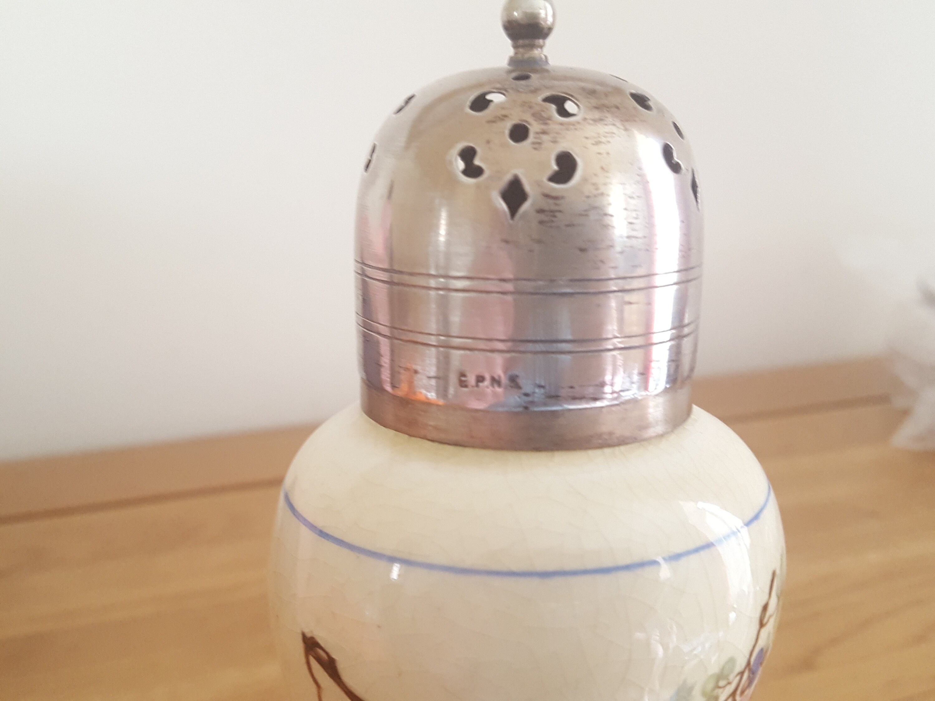 Antique Ceramic Sugar Dredger With Silver Plated Top: Floral