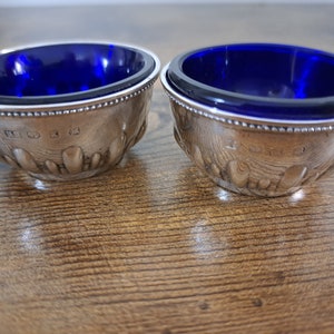 Two matching antique hallmarked Birmingham silver salt dishes, dated 1897, Blue liners, Pair of silver salts