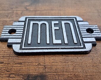 Cast metal 'MEN' sign with mounting holes, Wall hanging