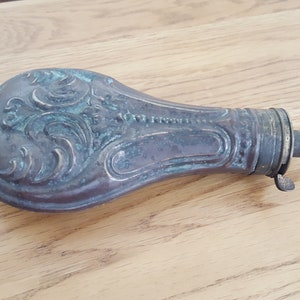 Antique Brass Powder Flask, Black Powder Flask, Victorian Gunpowder Flask, 19th Century, Muzzle Loading Flask