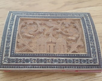 Antique Holy Land carved double sided wallet , Antique Card Case, Card Holder, Hand carved wood and silk Money holder