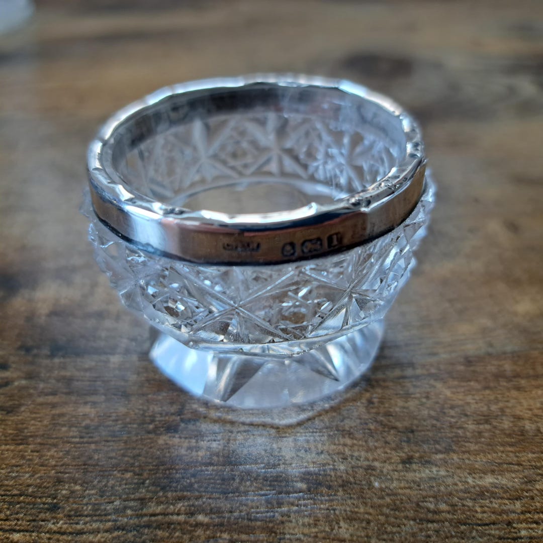 Antique Silver Rimmed Glass Salt Bowl: Edwardian Hallmarked C E ...