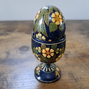 Vintage hand painted Russian lacquered egg & egg cup, Decoration, ornamental egg