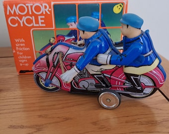 Vintage Tinplate Police Motorcycle Toy - Friction Motor Bike