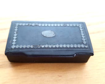Victorian Papier-mâché Snuff Box: Antique Lacquered Tobacco Box with Silver Inlay
