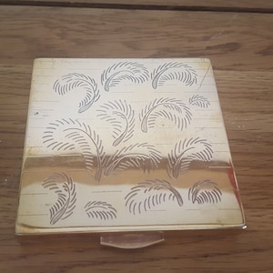 Vintage Lin bren poeder compact, vierkante spiegel compact, cosmetica, ijdelheid item, make up, womens schoonheid, verzamelbaar compact, gezicht poeder