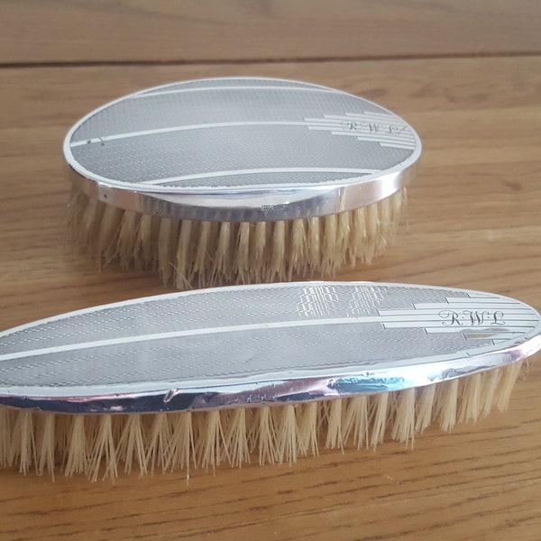 Two Engine turned silver backed brushes hallmarked B & Co., Birm. 1958, Mens grooming brushes, Clothes and hair brush set