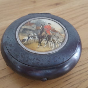 Antique Snuff Box, Metal Hunting Scene Snuff Pot, Victorian Snuff Box, Hinged lid, with Provenance inside, Pocket or Table Snuff Box