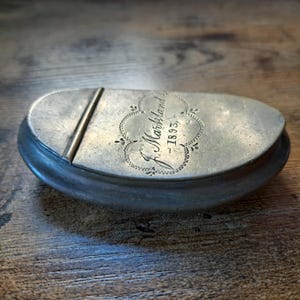 Antique Metal Snuff Box, Victorian Metal Snuff Pot, Snuff Holder, Hinged lid, Pocket Snuff Box, engraved 1893