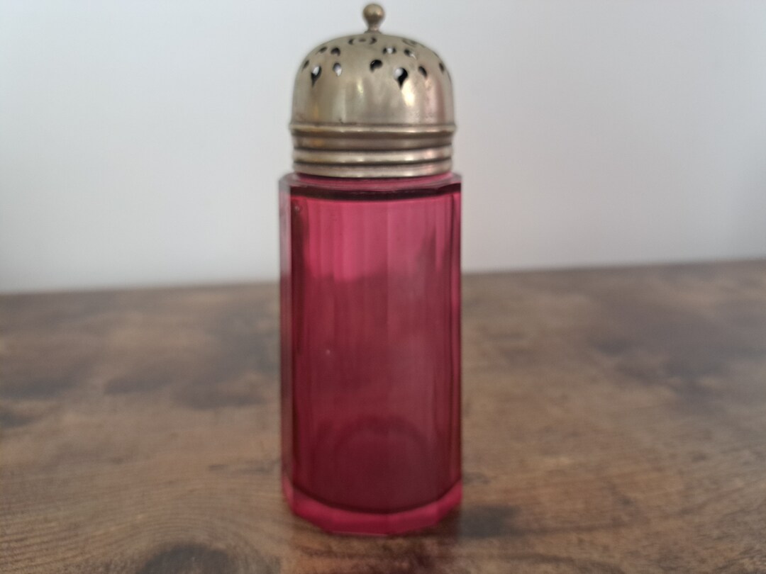 Antique Cranberry Glass Sugar Caster With Silver Plated Top, Silver