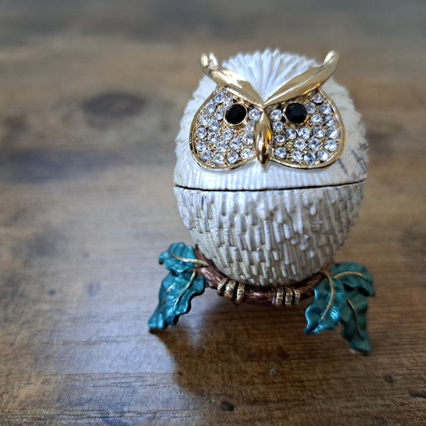 Faberge Inspired Egg Trinket Pot, Owl trinket box, Enamel and crystal egg