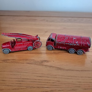 2 Vintage Die Cast Vehicles, Old Play Worn Trucks, Fire Engine, Oil Truck, Esso, tanker, Lesney