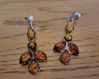 Vintage Sterling Silver & Baltic Amber Dangle Earrings