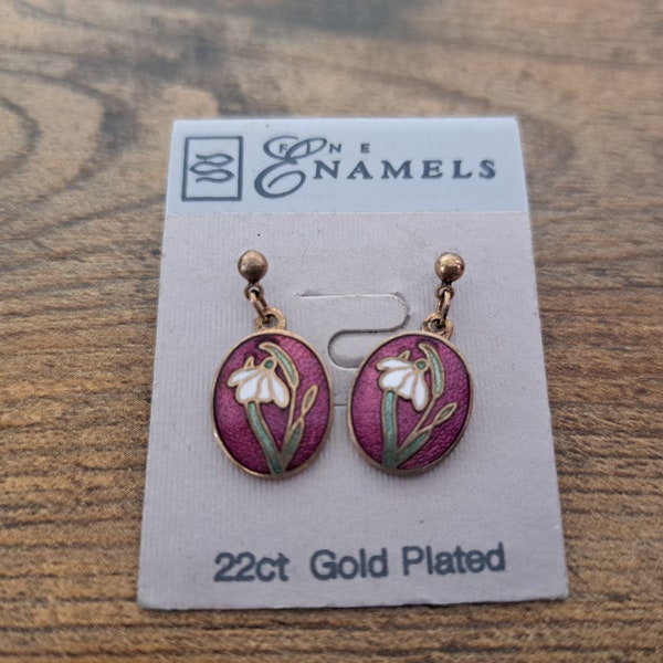 A pair of 22ct gold plated Enamel Earrings, Dangle earrings, drop earrings, unused carded jewellery, floral design, for pierced ears