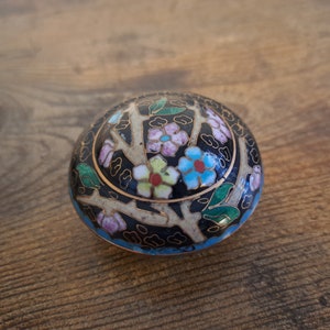 Può includere: Una piccola scatola rotonda in smalto nero con un motivo floreale. La scatola è decorata con fiori e rami bianchi, rosa, blu, verdi e dorati.