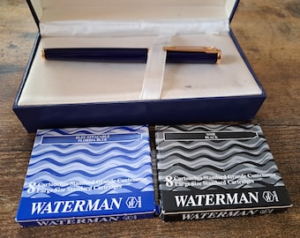 Vintage Waterman Boxed Fountain Pen, 18K Gold Plated Nib, refills included, Waterman Paris
