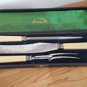 Vintage J G Parker Silver Mounted Carving Set: Knife, Fork & Sharpener
