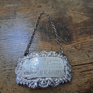 Vintage Silver Bottle Label, Brandy Label, Commemorative for Charles and Diana, 1981, Solid silver decanter label