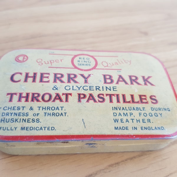 vintage Throat Pastiles Tin, gouttes de toux, Boîte de médecine, Boîtes de collection, Toux et Maux de gorge, pastilles d’écorce de cerise