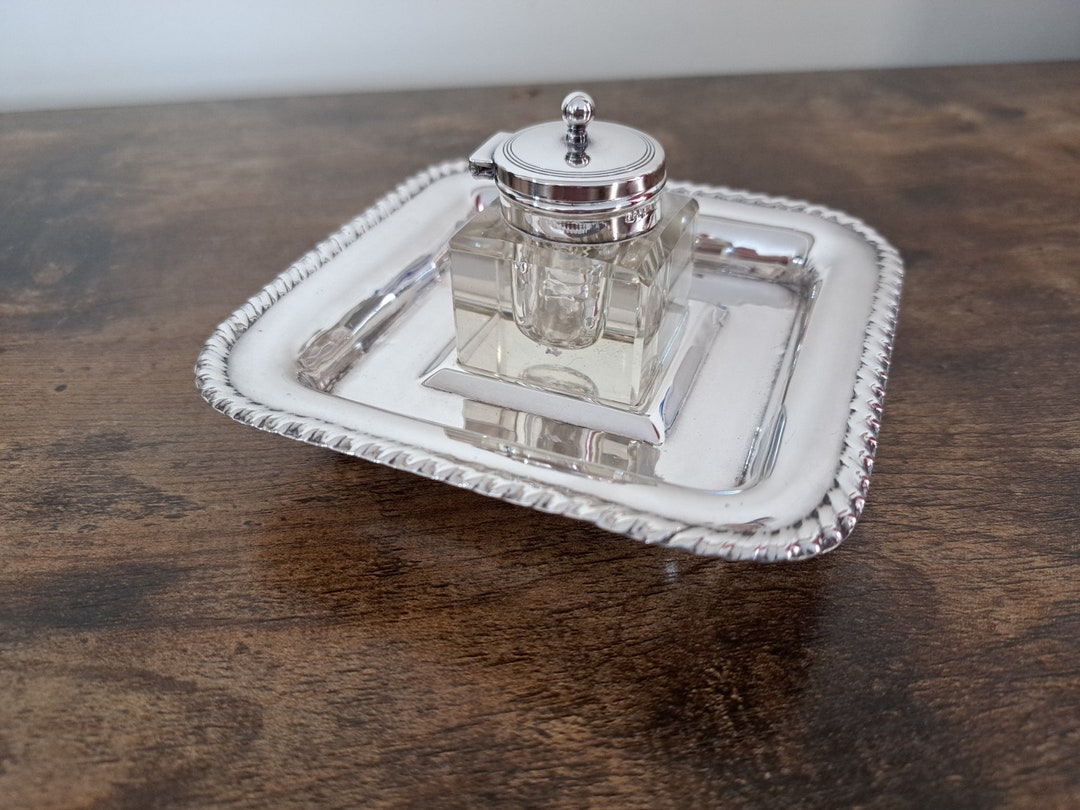Silver Plated EPNS Inkwell on Stand Writing Desk Decor Etsy