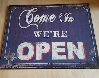 Tin open teken, gestileerde winkel teken