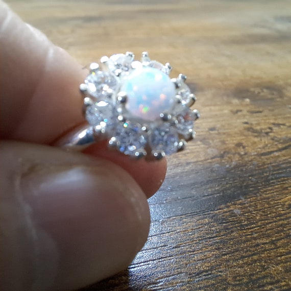 Vintage Solid Silver Opal Set Cluster Ring, Size … - image 5
