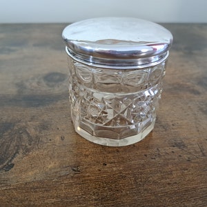 Antiguo tarro de cristal con tapa de plata y sello distintivo, 1912, Birmingham, tarro de plata maciza, tarro de tocador