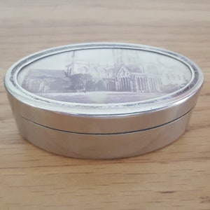 Vintage Silver Plate Trinket Box: Church Picture Keepsake