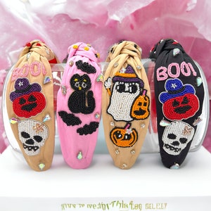 Halloween Headband, Spooky Season, Cute Halloween Accessories, Cat and Bat, Beaded Headbands, Fun Halloween Headbands, Retro Ghost headband