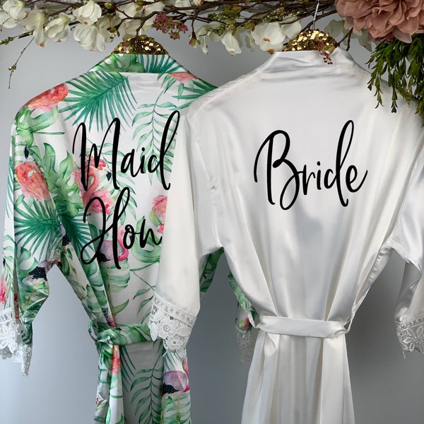 Tropical Leaf Print Robes, Bridal Party Robes, Silk Robes, Flamingo Robes, Lace Bridal Robes, Bachelorette Robe, Wedding Robes R550