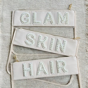 Bolsa transparente con parches, parche de letras de perlas, bolsa de maquillaje de regalo para el día de la madre, bolsa transparente Glam, para cabello y piel. Idea de regalo para maestros