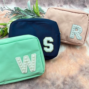 Birthday Gift, Personalized Makeup Bag Personalized Cosmetic Bag, Varsity Letters, Crystal Patches, Pearls Patches