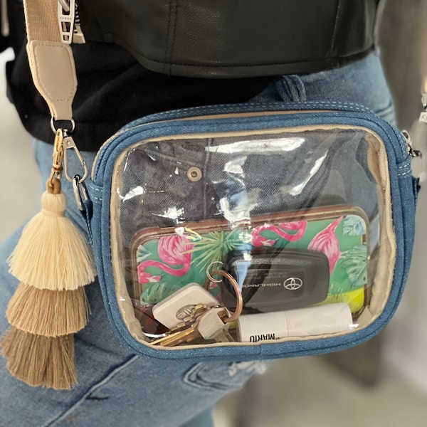 Denim Jean and Clear Stadium Bag, Clear Stadium Bag, Denim Clear Concert Purse, Clear Bag with Decorative Keychain, Small Pouch Personalized