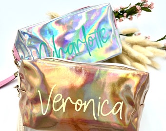 Personalized Holographic Cosmetic Bag With Handle, Personalized Bridesmaid Cosmetic Bag, Birthday Gift, Bridesmaid keychain 190