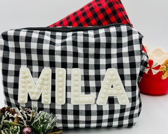 Buffalo Plaid Christmas Makeup Bag, Christmas bag, Christmas Gift, Personalized Bag with patches, Christmas Print, Buffalo Plaid