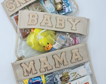 Baby and Mama Clear Pouch with Patches, Baby Shower Gift, Hospital Bag, New mom Gift, Clear Bag for Diaper Bags, Christmas Gift, travel Bag