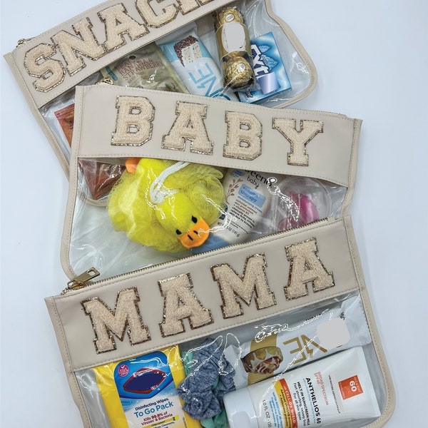 Pochette transparente pour bébé et maman avec patchs, cadeau de naissance, sac d'hôpital, cadeau de nouvelle maman, sac transparent pour sacs à couches, cadeau de Noël, sac de voyage