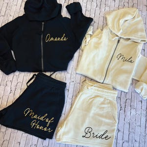 Personalized Bridesmaid&#39;s Pjs, bridal Party Hoodies and short, Maid of Honor, Wedding Morning Pj set, Bridesmaids getting ready Outfit B824