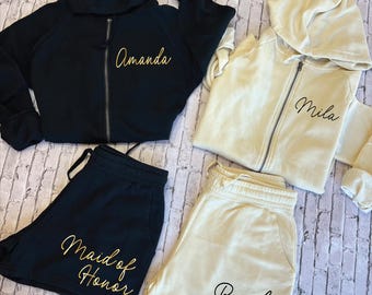 Conjunto personalizado de sudaderas con capucha y pantalones cortos para la fiesta nupcial, atuendo para la mañana de la boda.