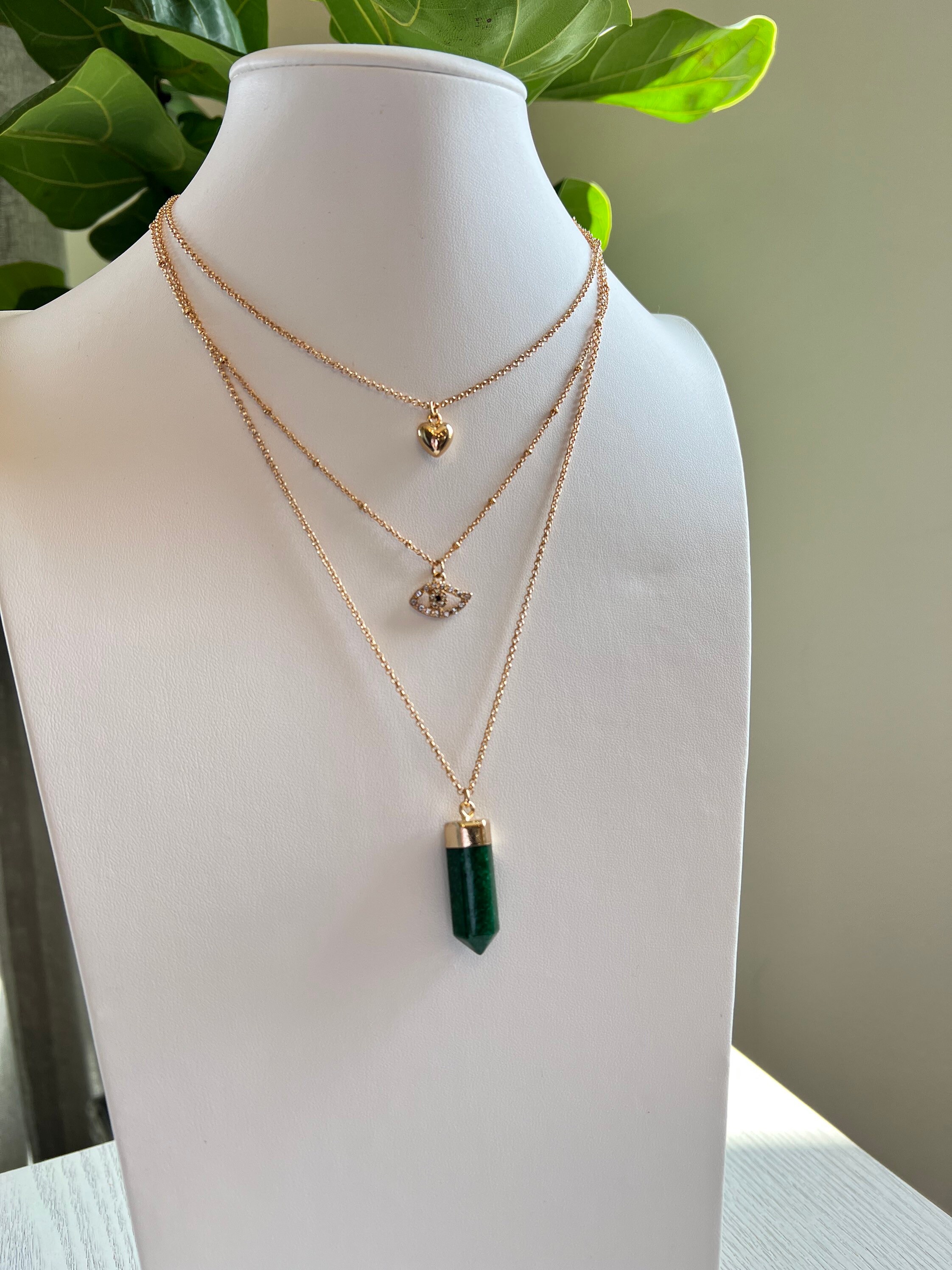Buy Green Jade Stone Layered Necklace Set, Evil Eye, Heart