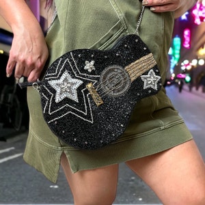 Crossbody Guitar Handbag, Guitar Shaped Crossbody Bag, Beaded Crossbody, Rockstar Handbag, Gift for Womens, Christmas Gift for Her. Rock