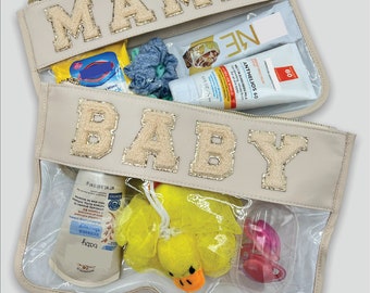 Baby and Mama Clear Pouch with Patches, Baby Shower Gift, Hospital Bag, New mom Gift, Clear Bag for Diaper Bags, Christmas Gift, travel Bag