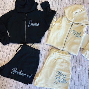 Personalized Bridesmaid&#39;s Pjs, Bridal Party Hoodies and short, Sister Outfit, Wedding Morning Pj set, Bridesmaids getting ready Outfit B158
