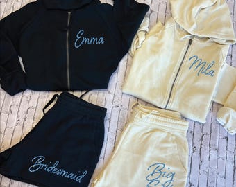 Pijamas personalizados para damas de honor, sudaderas con capucha y shorts para la fiesta nupcial, conjunto para hermanas, conjunto de pijama para la mañana de la boda, conjunto para que las damas de honor se preparen.