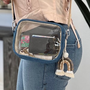 Blue Jean and Clear Stadium Bag, Clear Stadium Bag, Denim Clear Concert Purse, Clear Bag with Decorative Keychain, Small Pouch Personalized